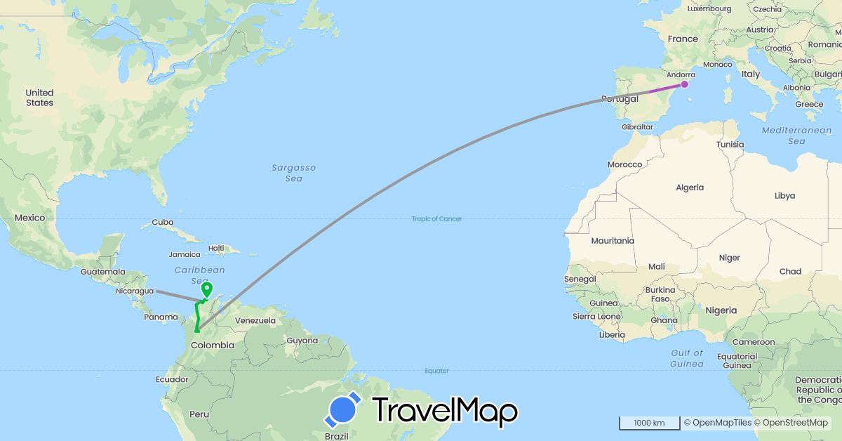 TravelMap itinerary: driving, bus, plane, train in Colombia, Spain (Europe, South America)